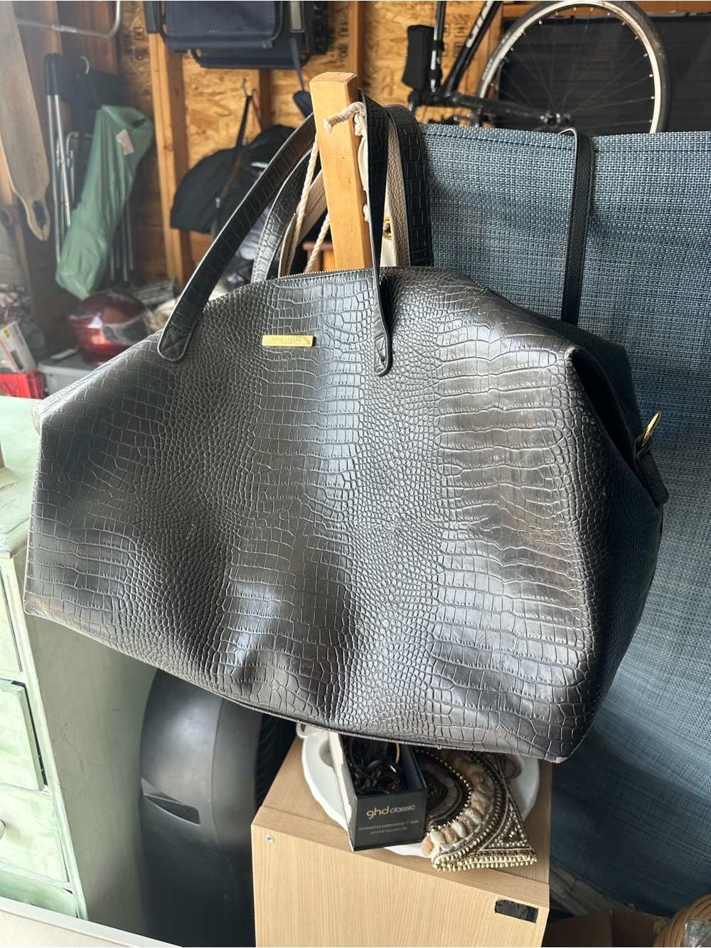 Black Croc-Embossed Weekend Tote